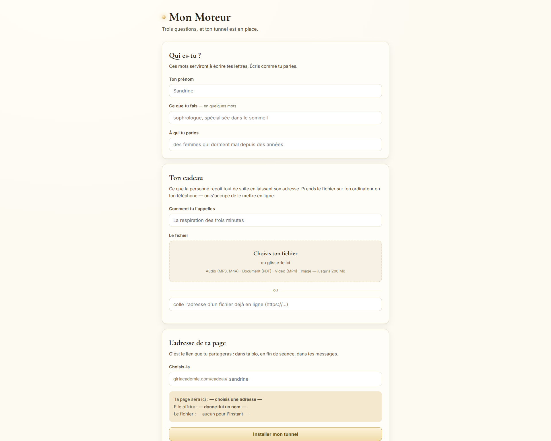 L'écran d'installation : qui es-tu, ton cadeau avec une zone où déposer le fichier, et l'adresse de ta page.