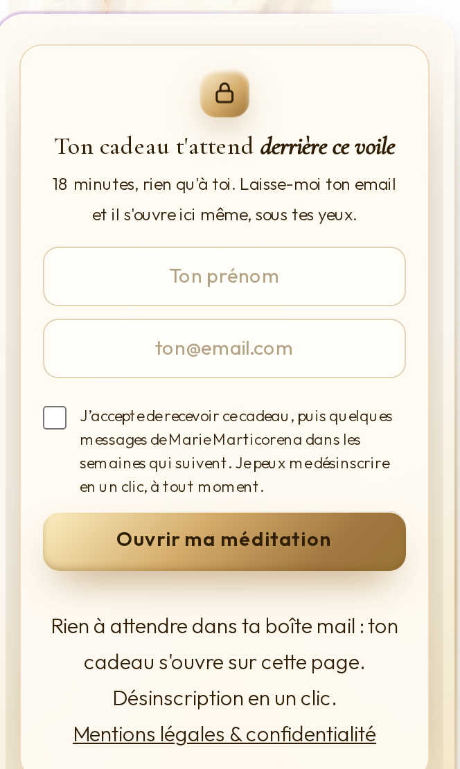 Le formulaire d une page de capture Giri : marbre et or, prénom, adresse email, et le bouton doré pour ouvrir le cadeau.