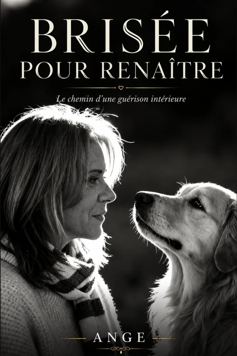 Couverture de « Brisée pour renaître » d'Ange Jolly : portrait en noir et blanc de l'autrice face à son chien