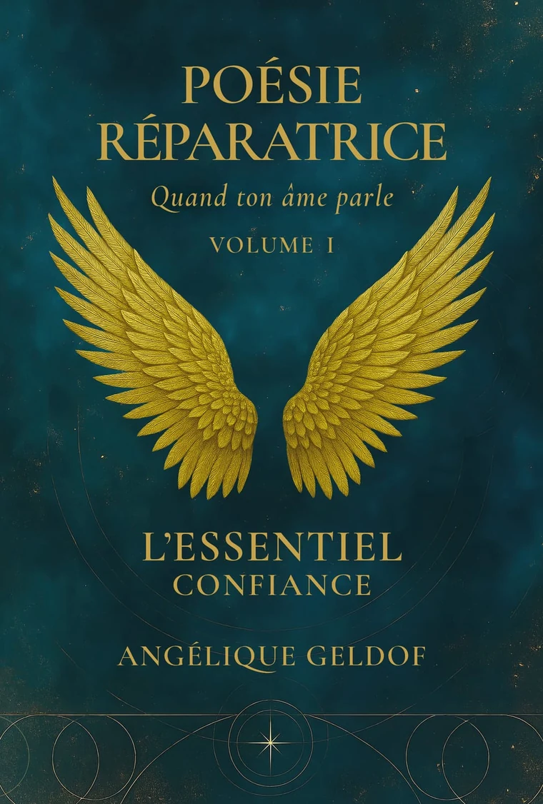Couverture de Poésie Réparatrice, Volume I — L'Essentiel Confiance, d'Angélique Geldof : deux ailes d'or sur un fond bleu nuit